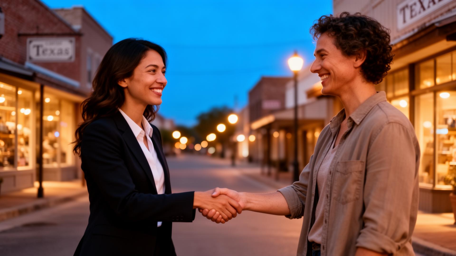 A bilingual Horizon Life Partners agent meeting with a client on a small-town Texas main street at blue hour