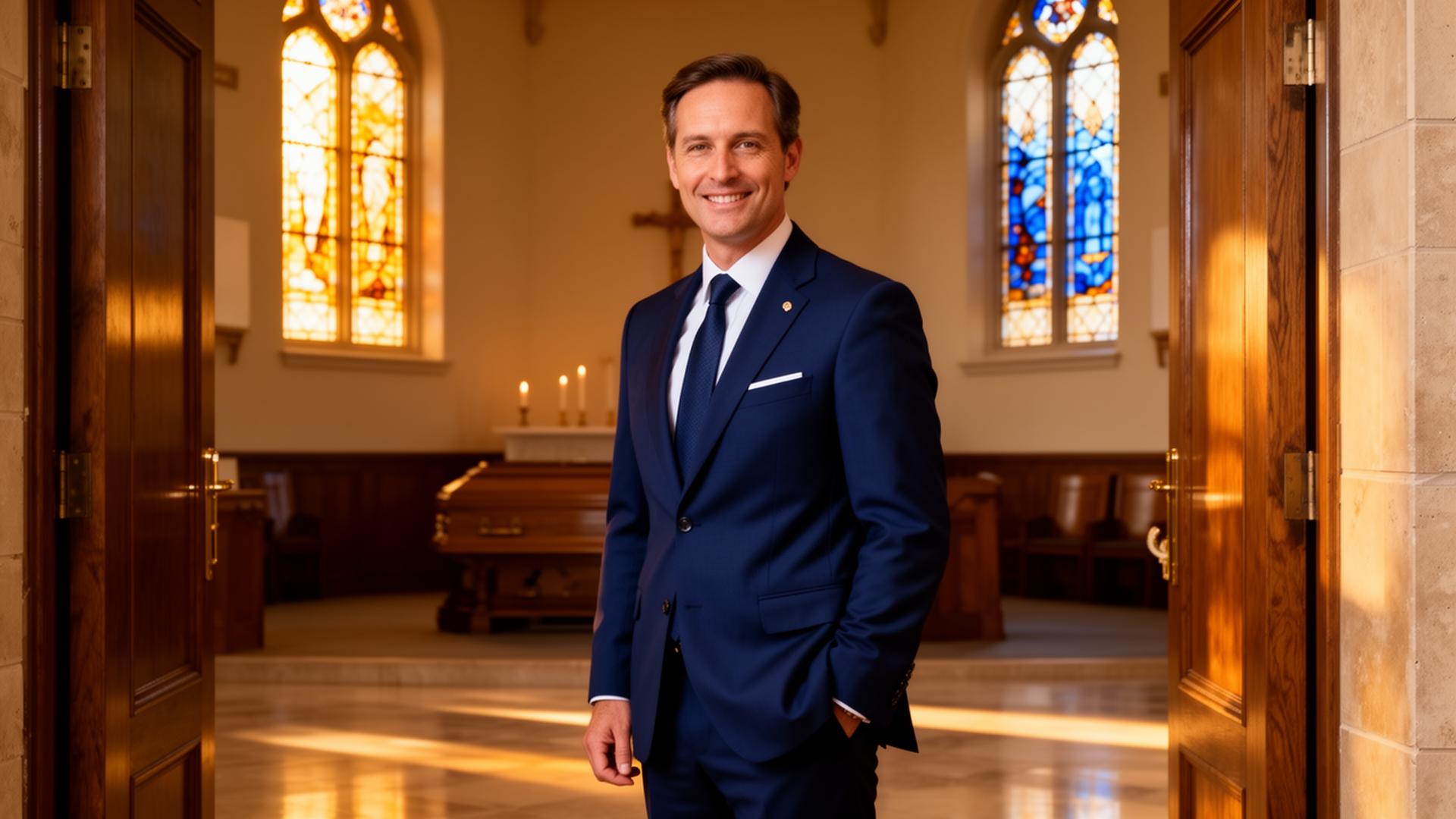 A welcoming Texas funeral director standing in a refined chapel foyer at golden hour