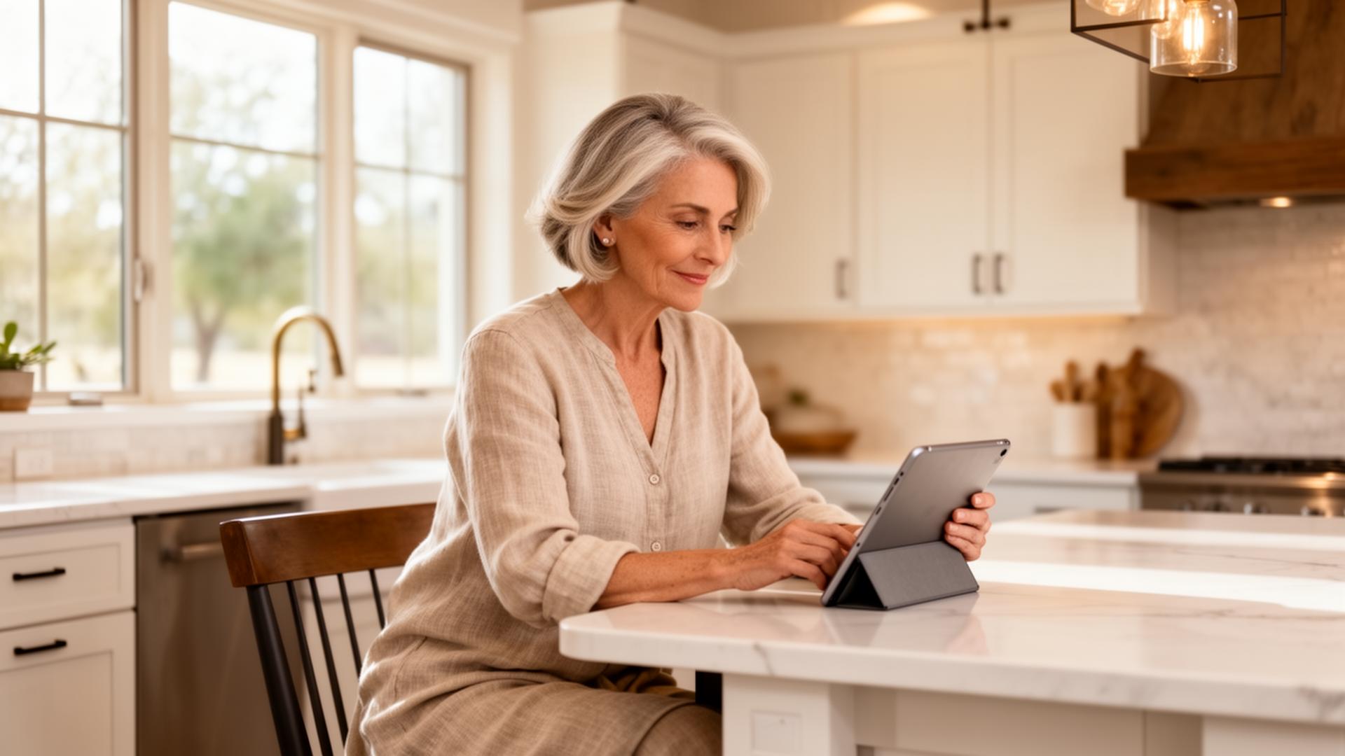 A Horizon Life Partners policyholder calmly managing her plan on a tablet in a bright Texas home