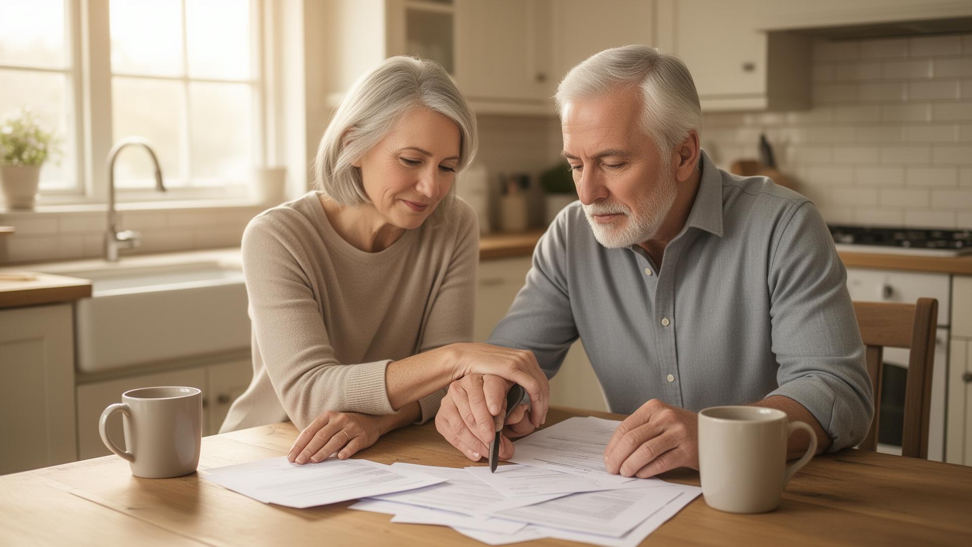 A Texas couple in their 60s reviewing preneed funeral plans together at a sunlit kitchen table