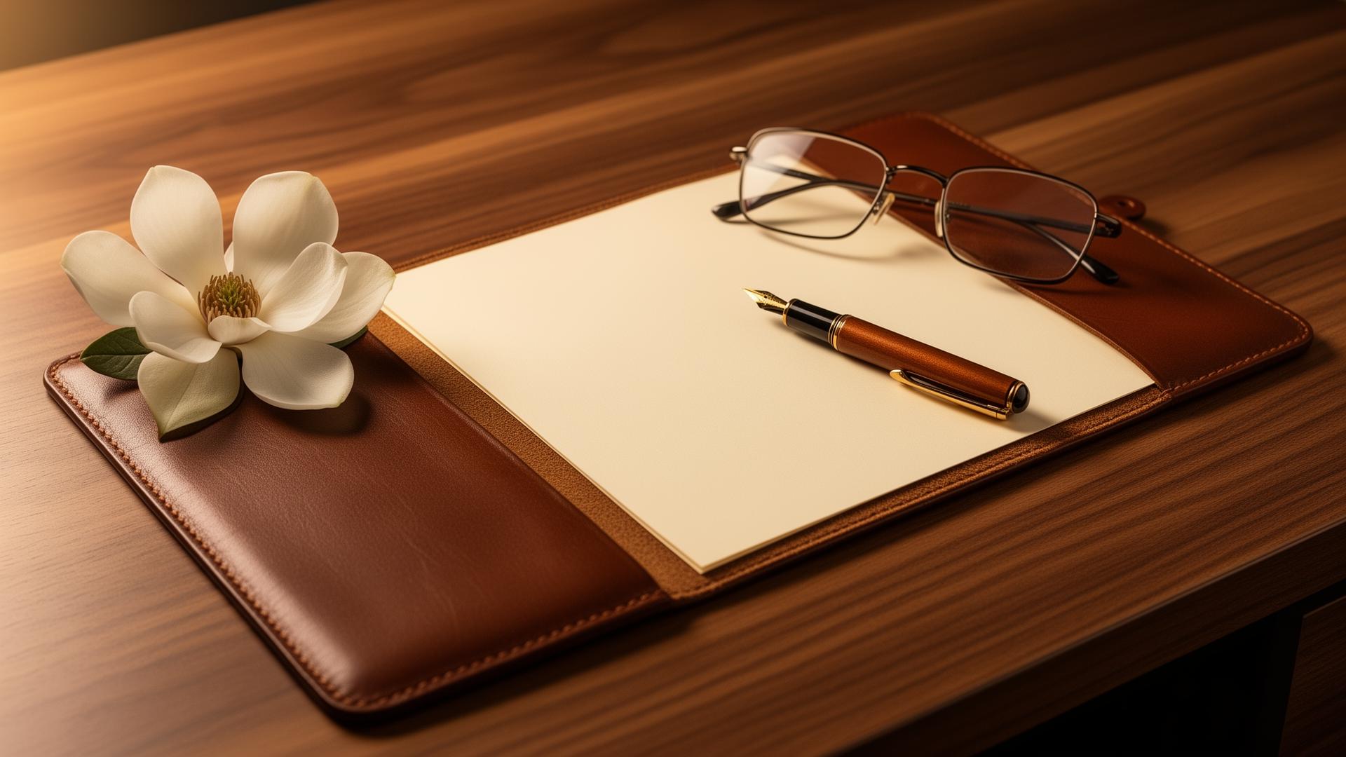 An editorial still life of an open portfolio, fountain pen, glasses, and white magnolia on a warm walnut desk